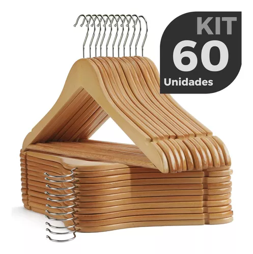 Kit 60 Cabides De Madeira Marfim Adulto Alta Qualidade Gancho Metal Giratório Vidro & Decor
