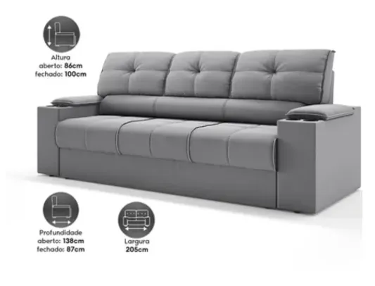 Sofá com Porta Copos Retrátil e Reclinável Tom 2,05m Velosuede - NETSOFAS