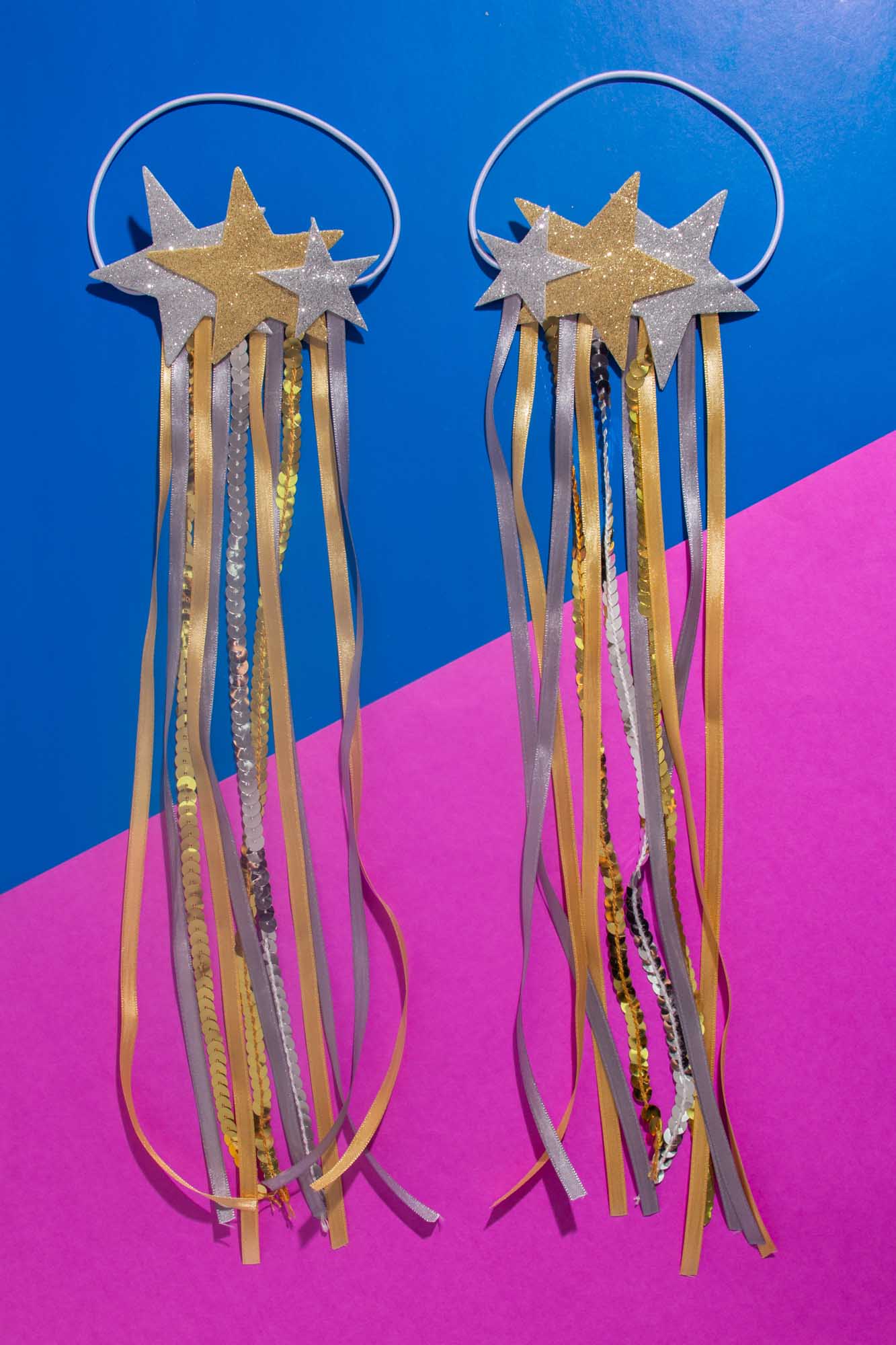 Ombreira Carnaval Estrelas Dourada e Prata Com Fitas De Cetim E Paetês