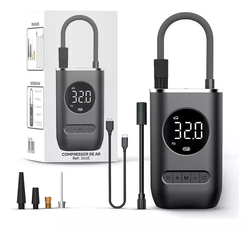 [R$67 c/ Cashback Meli Dólar] Bomba De Ar Car Air Pump Mini Compressor Portátil Calibra Encher Pneu De Carro Bike Moto Cor Preto USB