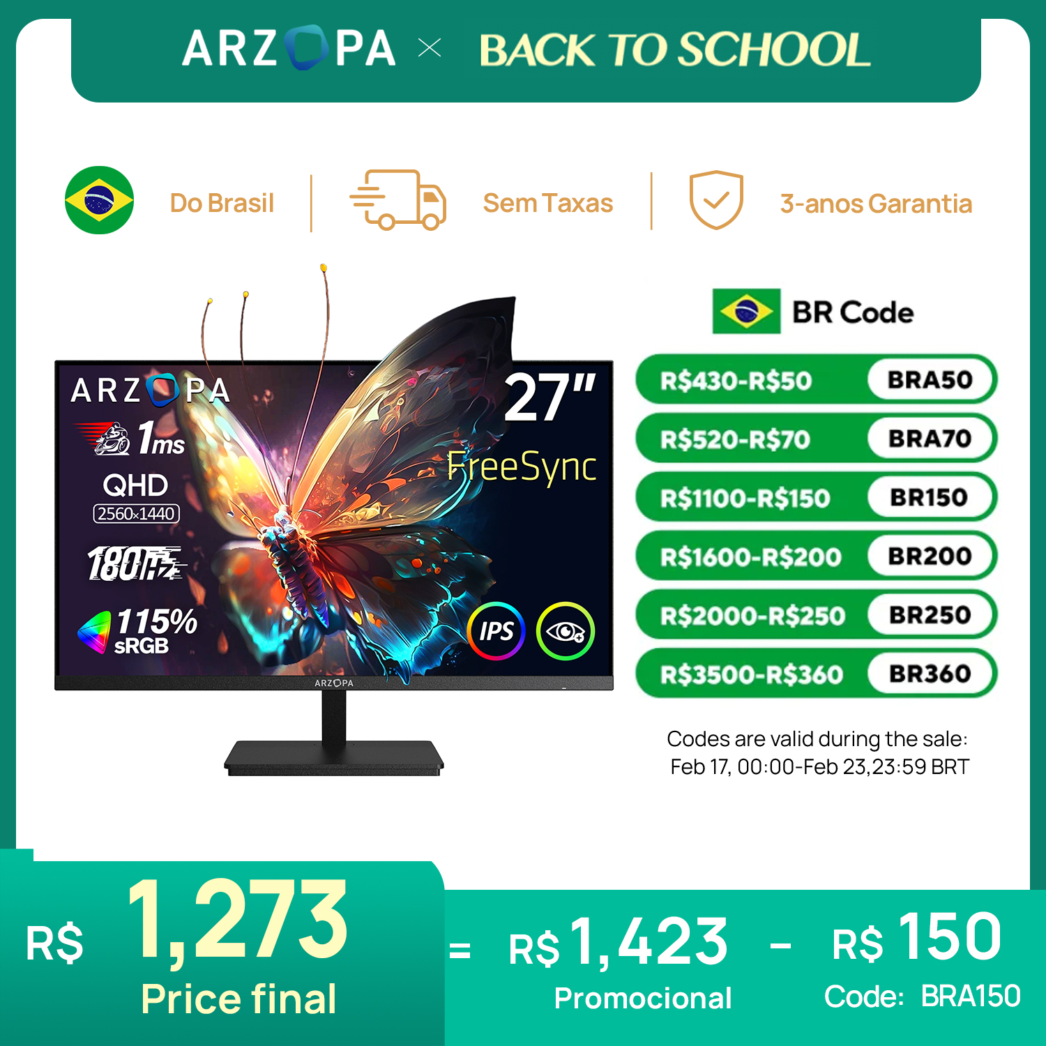 [Do Brasil] Monitor Gamer Arzopa 27 180hz monitor QHD 2K M1RC