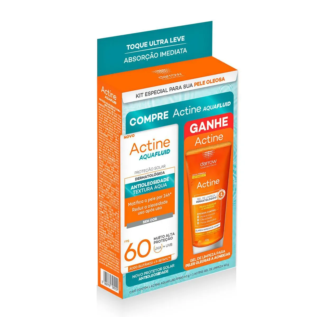 Kit Darrow Actine Protetor Solar Aquafluid FPS 60 40g + Gel de Limpeza 40g