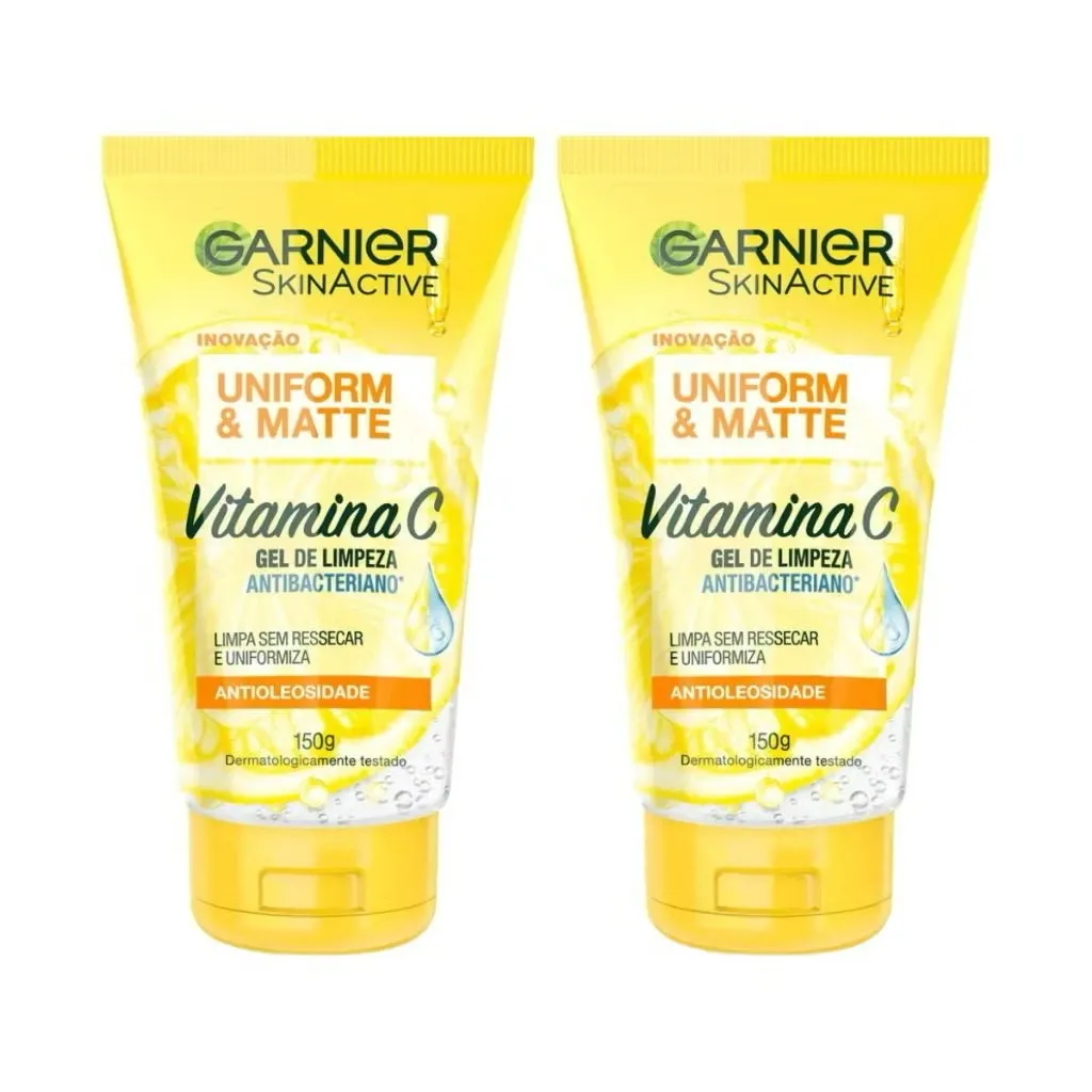 Kit 2 Gel de Limpeza Facial Antibacteriano Garnier Uniform & Matte Vitamina C, 150ml