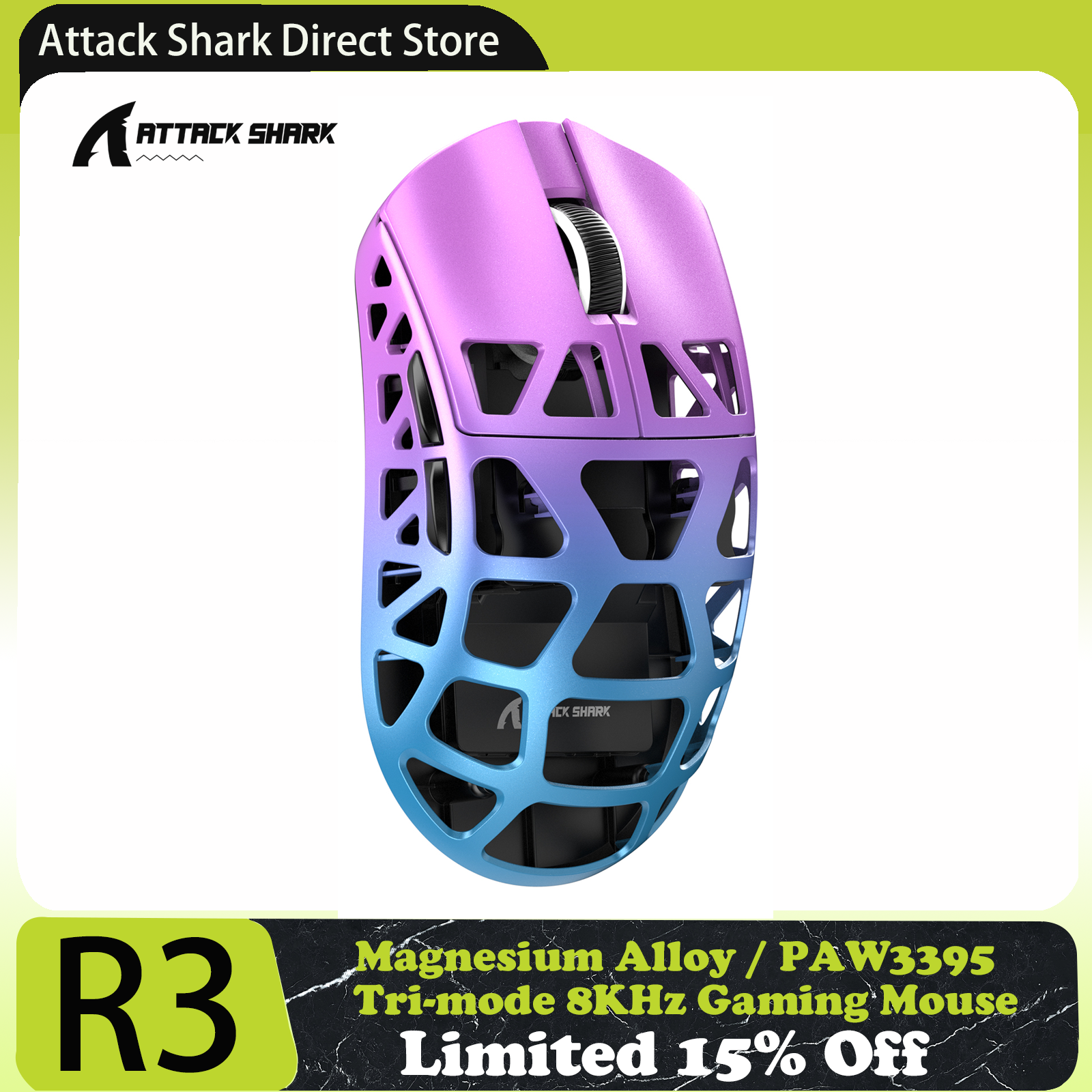 (MOEDAS R$ 525,99) Attack Shark R3 8KHz Mouse Gamer de liga de magnésio, sensor PixArt PAW3395, até 26k DPI, 2.4G/BT/com fio, 46g
