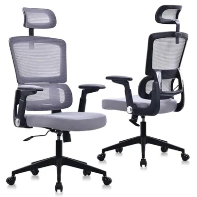 Cadeira de Escritório Ergonômica, Suporte de 150 kg, Encosto e Apoio de Cabeça Ajustáveis, Tela Transpirável e Confortável