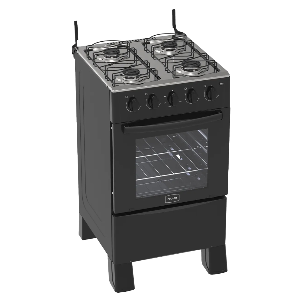 Fogão Realce 4 Bocas Ares Manual Mesa De Inox Forno 50 Litros - Preto
