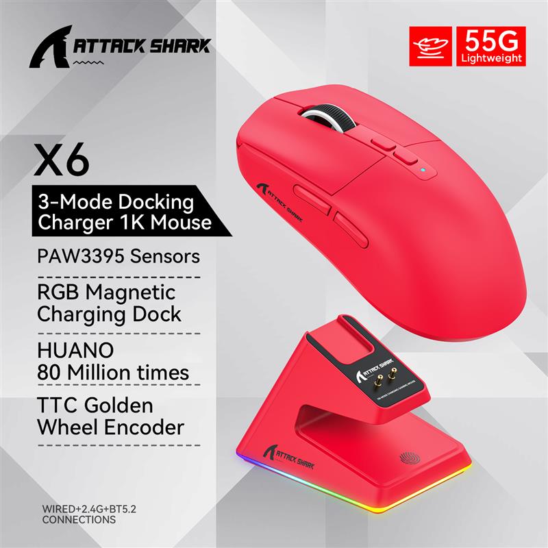 [115,91 Moedas] Shark x6 paw3395 Mouse Bluetooth, Conexão Tri-mode, Base de Carregamento Magnético de Toque RGB