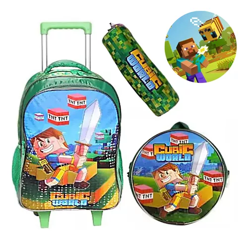 Kit Mochila Escolar Infantil Rodinha 3 peças Game Craft Cubic
