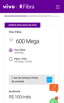 600 Mega Vivo Fibra + AMAZON PRIME cortesia 1 ano