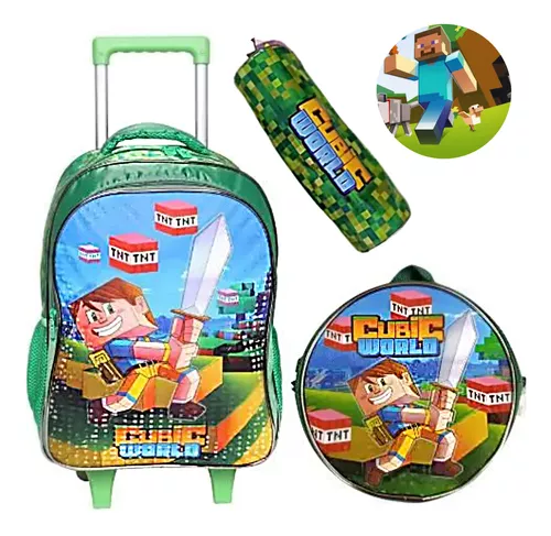 Kit Mochila Escolar Infantil Rodinha 3 peças Game Craft Cubic