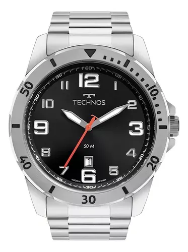 Relógio Masculino Technos Prata Performance Militar Fundo Preto