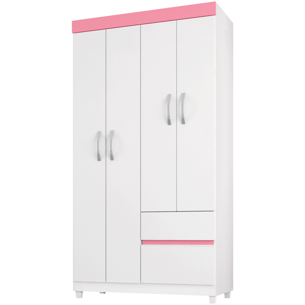 Guarda-Roupa Solteiro 4 Portas Bater 2 Gavetas Lotus Demóbile Roupeiro - Branco/Rosa