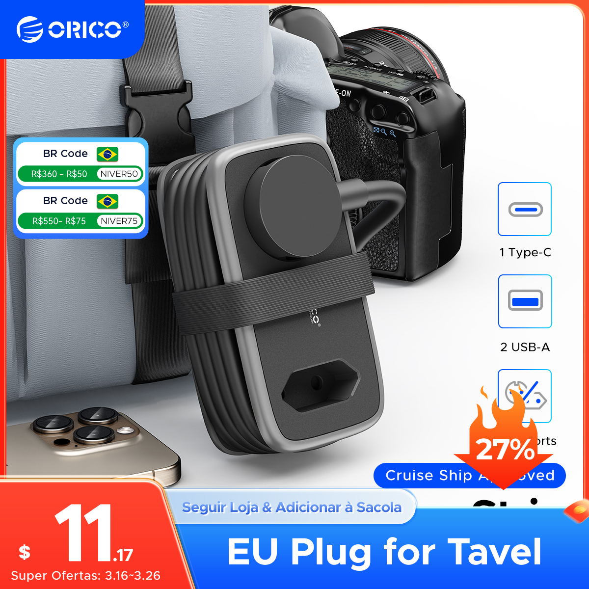 Hub de Carregamento ORICO Para Viagem com Duas Tomadas, Saídas USB A e USB C (5 em 1), Cabo com 1,1 Metro