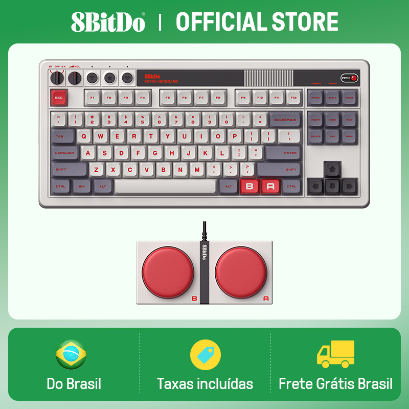 (Loja do Brasil) Teclado mecânico retrô 8BitDo, teclado para jogos BT/2.4G/USB-C permutável com 87 teclas, botões duplos super programáveis
