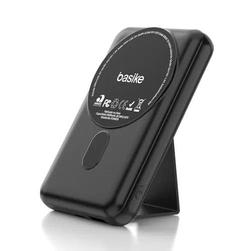 Basike Power Bank, 10000mAh Carregador Portátil Universal por Indução, 15W Carregamento Rápido, Suporte Dobrável，Compatível com MagSafe (Preto)