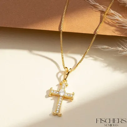 Colar Pingente de Cruz Cravejada Banhado a Ouro 18k - Fischer Semijoias