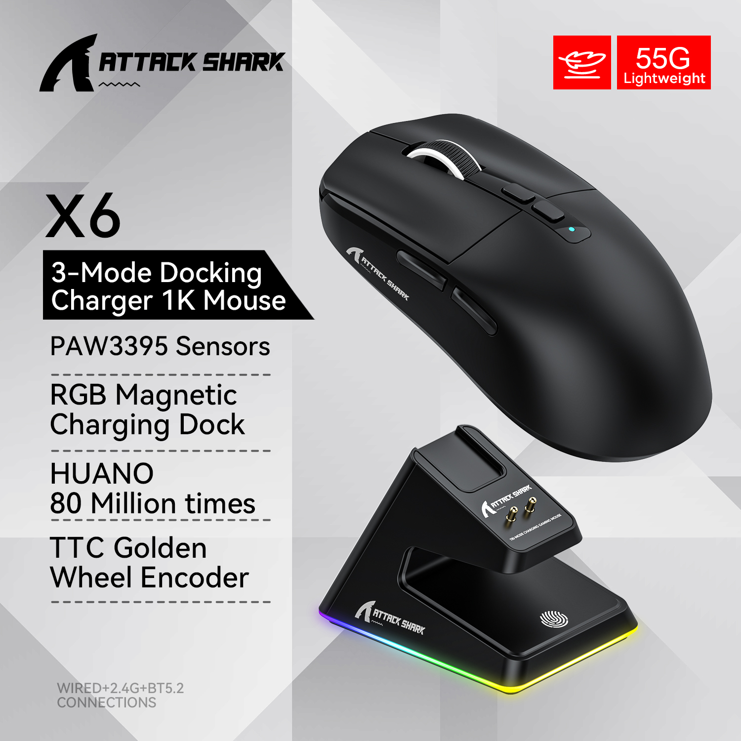 [App/Taxas Inclusas/R$119 Moedas] Mouse Sem Fio Attack Shark X6 - Com Dock de Carregamento RGB - Sensor PAW3395