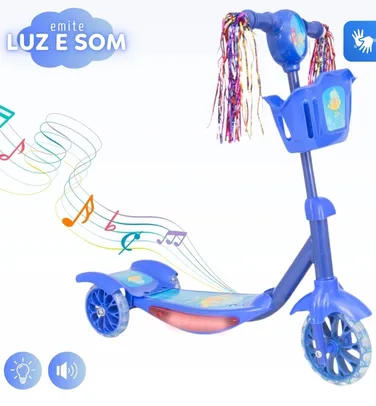 Patinete Infantil 3 Rodas com Led Som e Cesta Menino Menina
