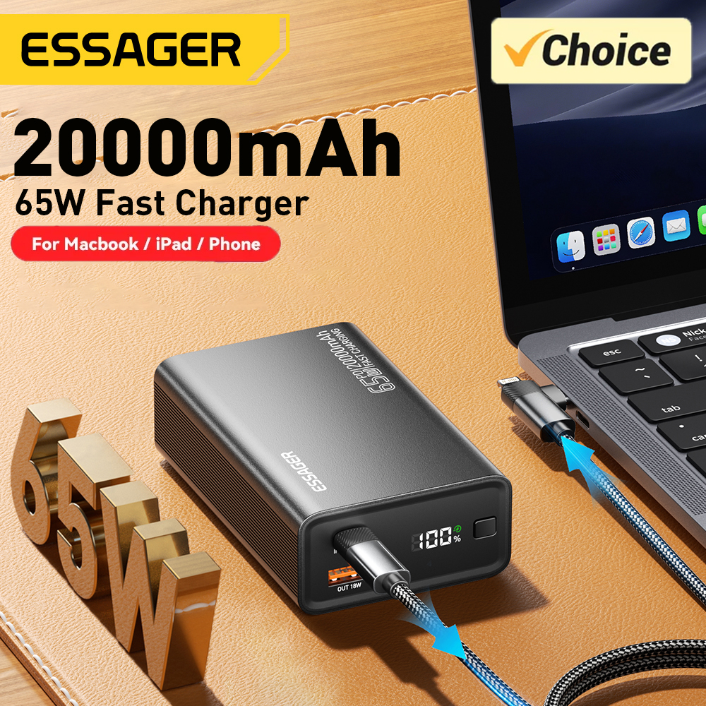 [R$117,31 MOEDAS] Power bank 20000mah Essager 65w