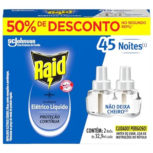 [REC | +por- 13,59] Raid Repelente Eletrico Líquido Refil, Até 45 Noites de Proteção, 2 unidades de 32,9ml