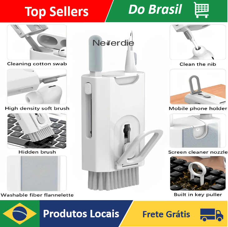 [Do Brasil/R$10,67 Moedas App] Kit 8 em 1 de Escova de Limpeza Multifuncional – Portátil para Teclado, Fone de Ouvido e Computador