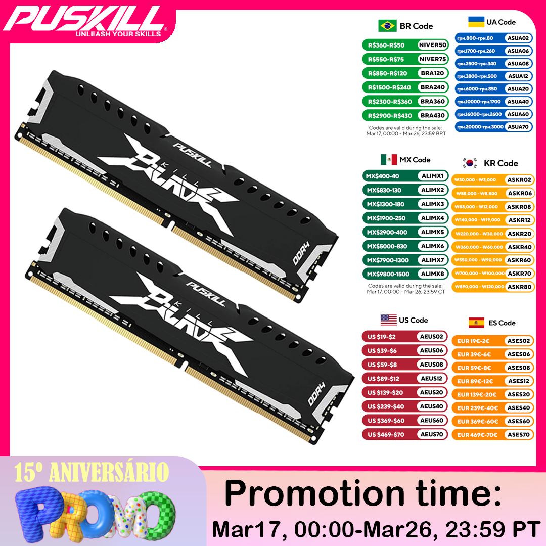 [MOEDAS R$258] Memória RAM PUSKILL DDR4 32GB (2x16GB) UDIMM 1.2V – Ideal para Desktop