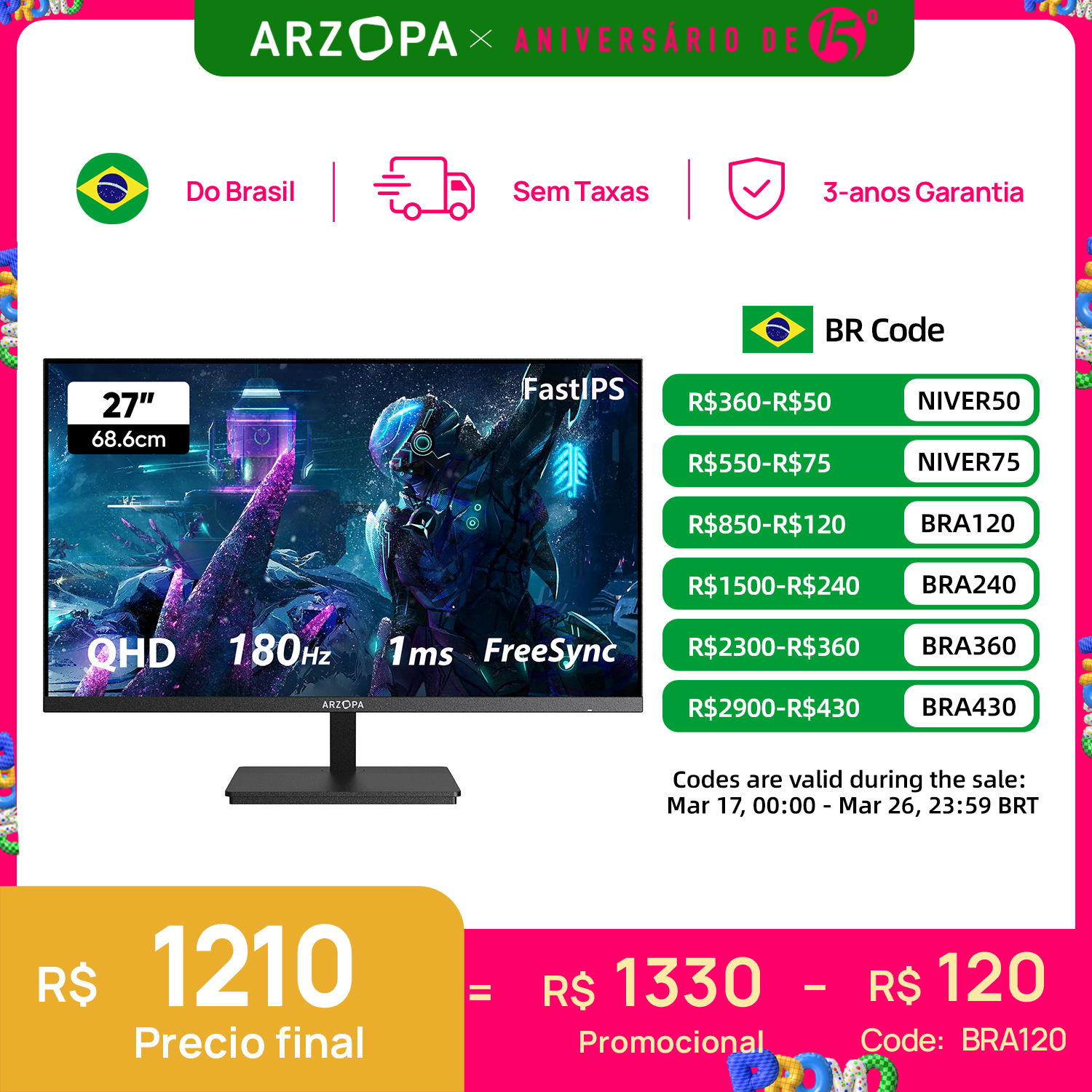 [Do Brasil] Monitor Gamer Arzopa 27 180hz monitor QHD 2K M1RC