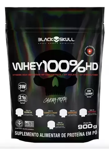 Whey 100% Hd Refil Black Skull 900g Wpc Wpi E Wph Sabor Baunilha
