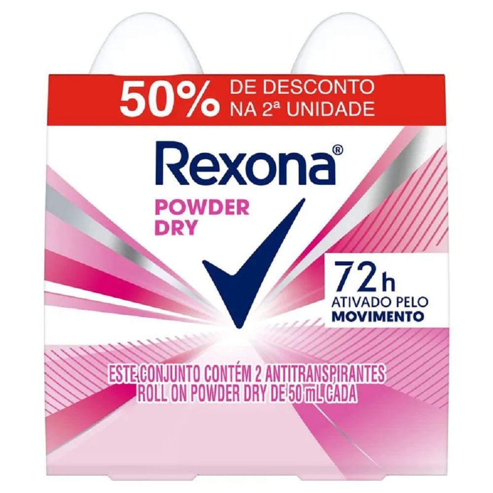 [R$ 3,99 cada] Desodorante Roll-on Rexona Powder Dry Com 2 Unidades 50ml Cada