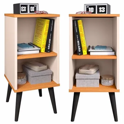 Kit 2 Mesa de Cabeceira Retrô com Prateleira Charme (Off White/Cinamomo)