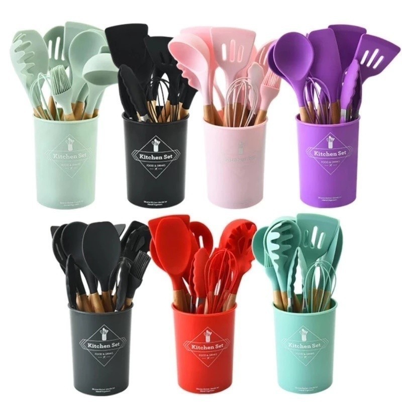 [R$10 "MOEDAS"/BR] Jogo de Cozinha Kit C/12 Peças de Silicone, Utensílios e Copo Suporte para Cozinha Cabo de Madeira