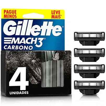 Gillette Mach3 Carbono Refil para Aparelho de Barbear reutilizável, com Carvão Ativado e Fita Lubrificante Melhorada 4 Uds