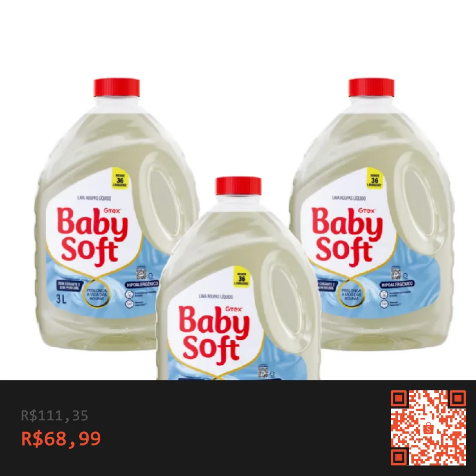 Kit 3 Lava Roupas Hipoalérgico Baby Soft Max Cuidado 3L