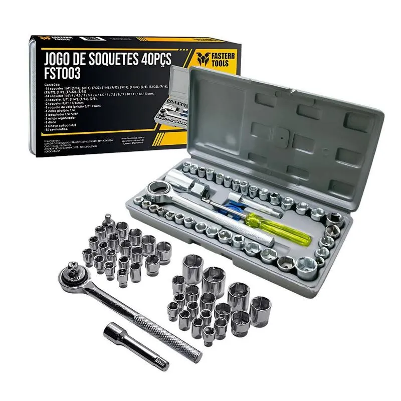 Jogo Soquetes Sextavado Fasterr C/ Catraca 40 Pçs C/ Estojo