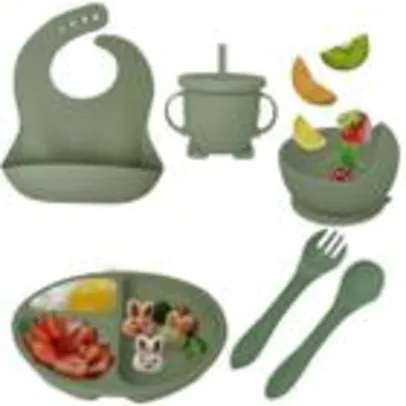 Kit 6 Louças Refeição Bebê Silicone Colher Pratinho Babador Infantil Ventosa