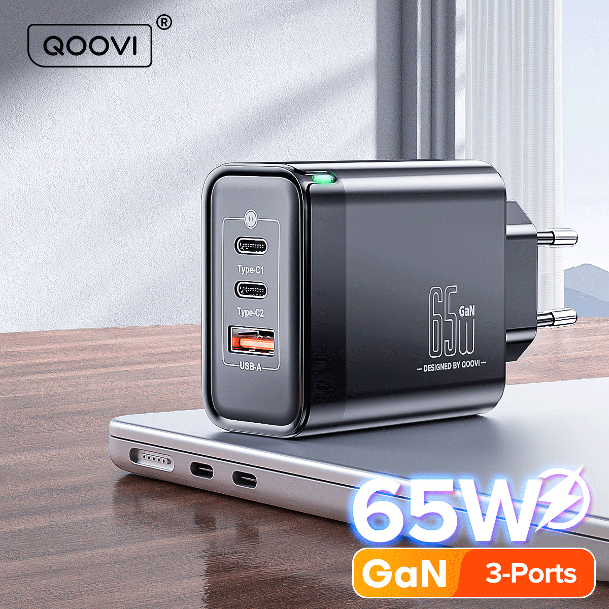 [APP/R$62,91 Moedas] Qoovi 65w GAN Carregador USB Tipo C Carregamento Rápido Adaptador 4.0 USB-C