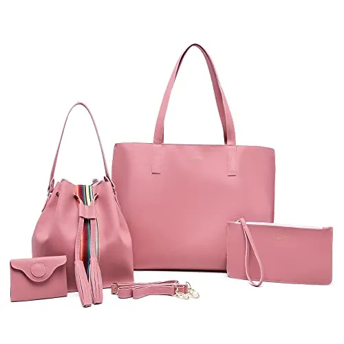 Kit Bolsa sacola feminina grande com nécessaire + Bolsa saquinho transversal com porta moeda (Rosa)