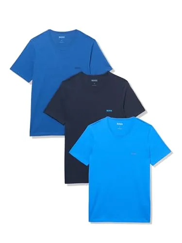 BOSS Pacote com 3 Camisetas Masculinas de Algodão com Logotipo Clássico, Azul, M