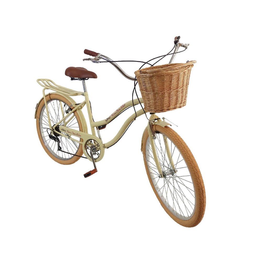 Bicicleta aro 26 retro 6v com cesta de vime bagageiro Bege
