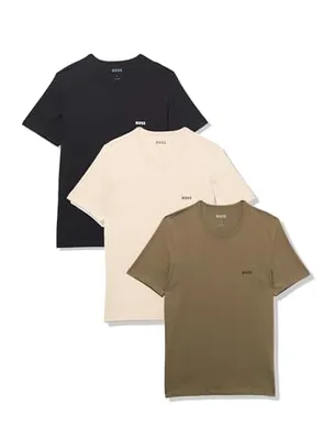 (Imposto incluso) BOSS Pacote com 3 camisetas masculinas de algodão com logotipo clássico, Creme/preto/verde estanho, P