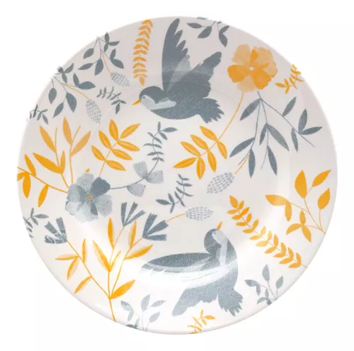 Jogo 6 Prato De Sobremesa 18 Cm Bem Te Vi Bionna Cor Cinza, Amarelo e Off White Florido pássaros
