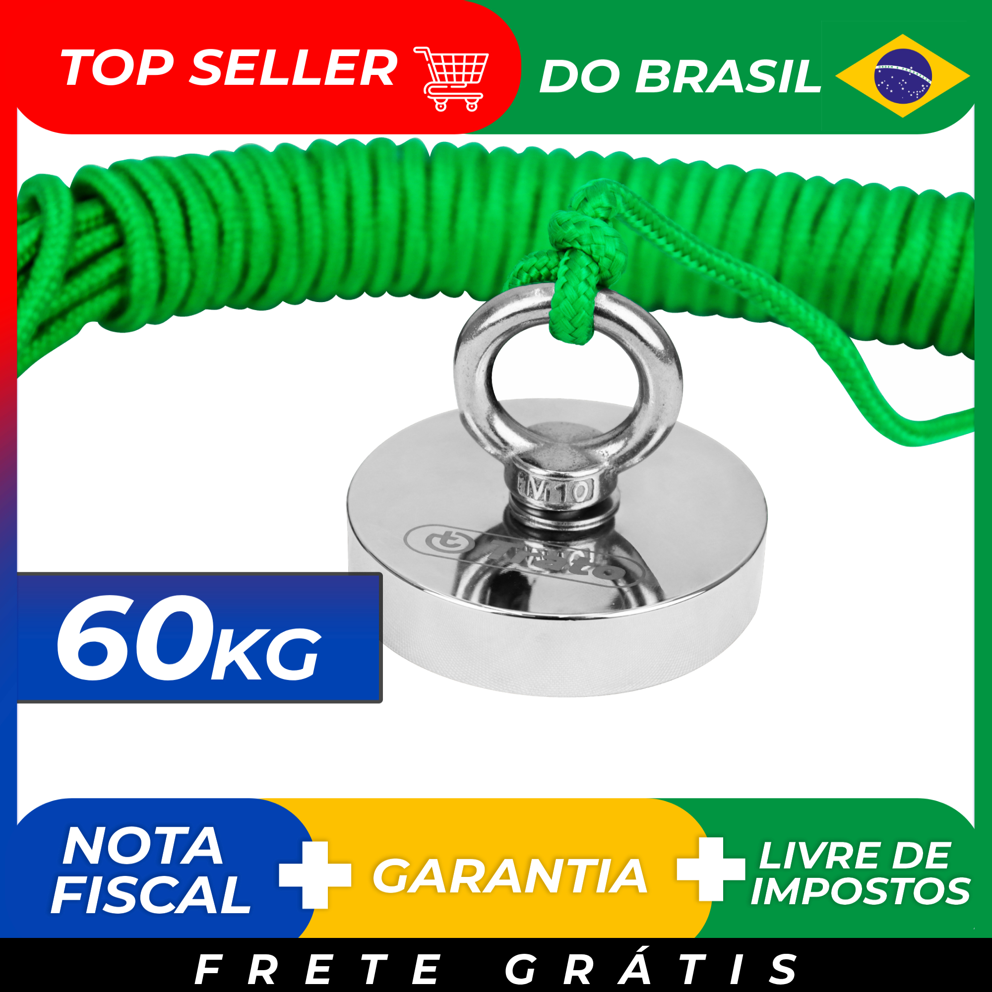 [25,62 Br Moedas] Imã De Neodímio 42mm Pesca Magnetica Até 60 Kg Tmag60 Corda