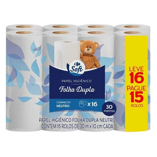 [Leve 2 Pague R$ 13,30 cada] Papel Higiênico Folha Dupla 30 Metros Carrefour Leve 16 e Pague 15