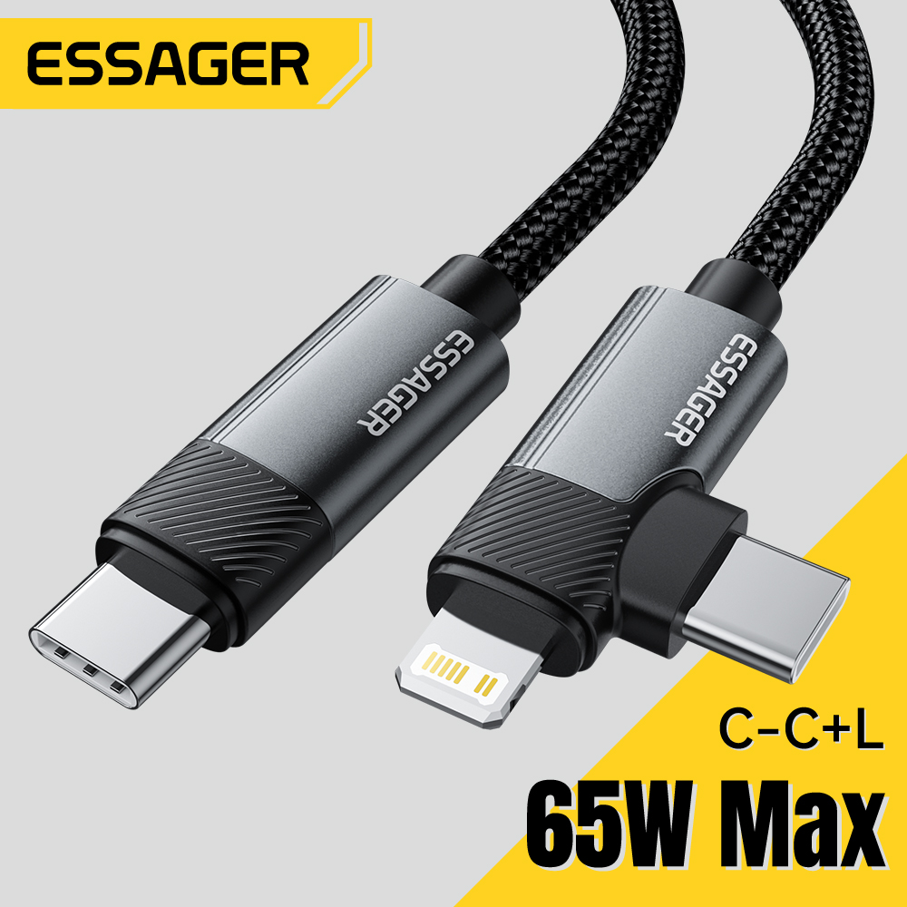 [Taxa inclusa] Cabo de dados Essager Tipo C para Tipo C e Lightning, PD 65W, 2 em 1