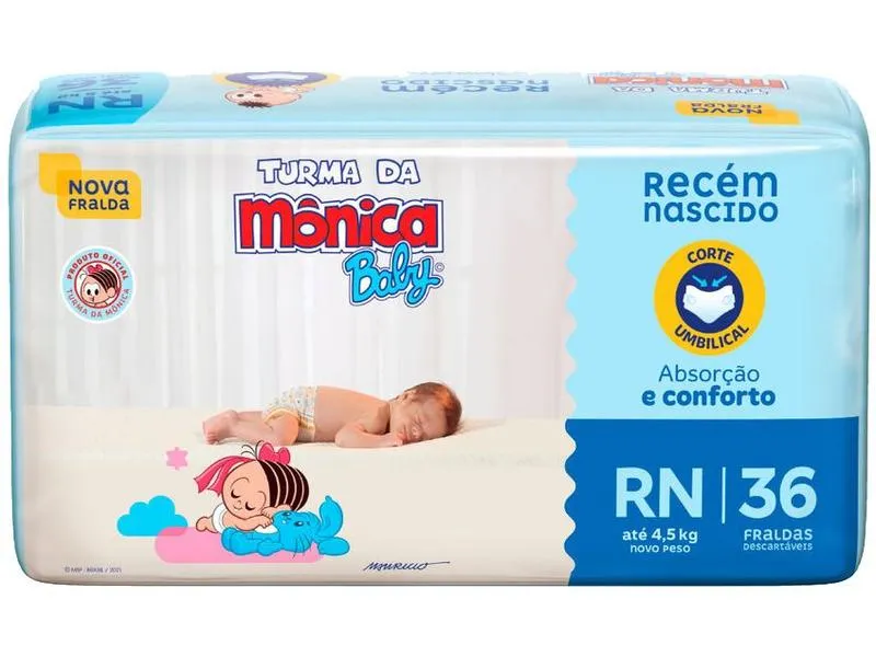 Fralda Turma da Mônica Baby Tam. RN até 4,5kg 36 Unidades por parcote.