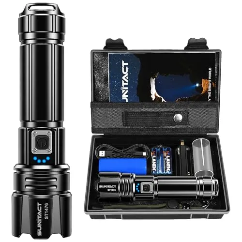 Sunitact Lanterna Tática Recarregável – LED XHP70.2, 10.000 Lúmens, Super Potente, USB