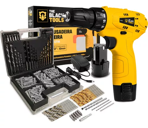 Furadeira Parafusadeira Bateria + Jogo Ferramentas 300 Peças