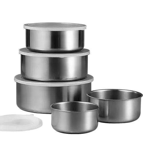 Conjunto de Potes Bowls em Aço Inox - 5 Peças c/Tampa Versátil para Cozinha Moderna
