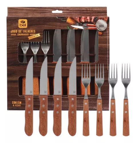 Kit Para Churrasco Inox Cabo De Madeira Premium 8 Peças
