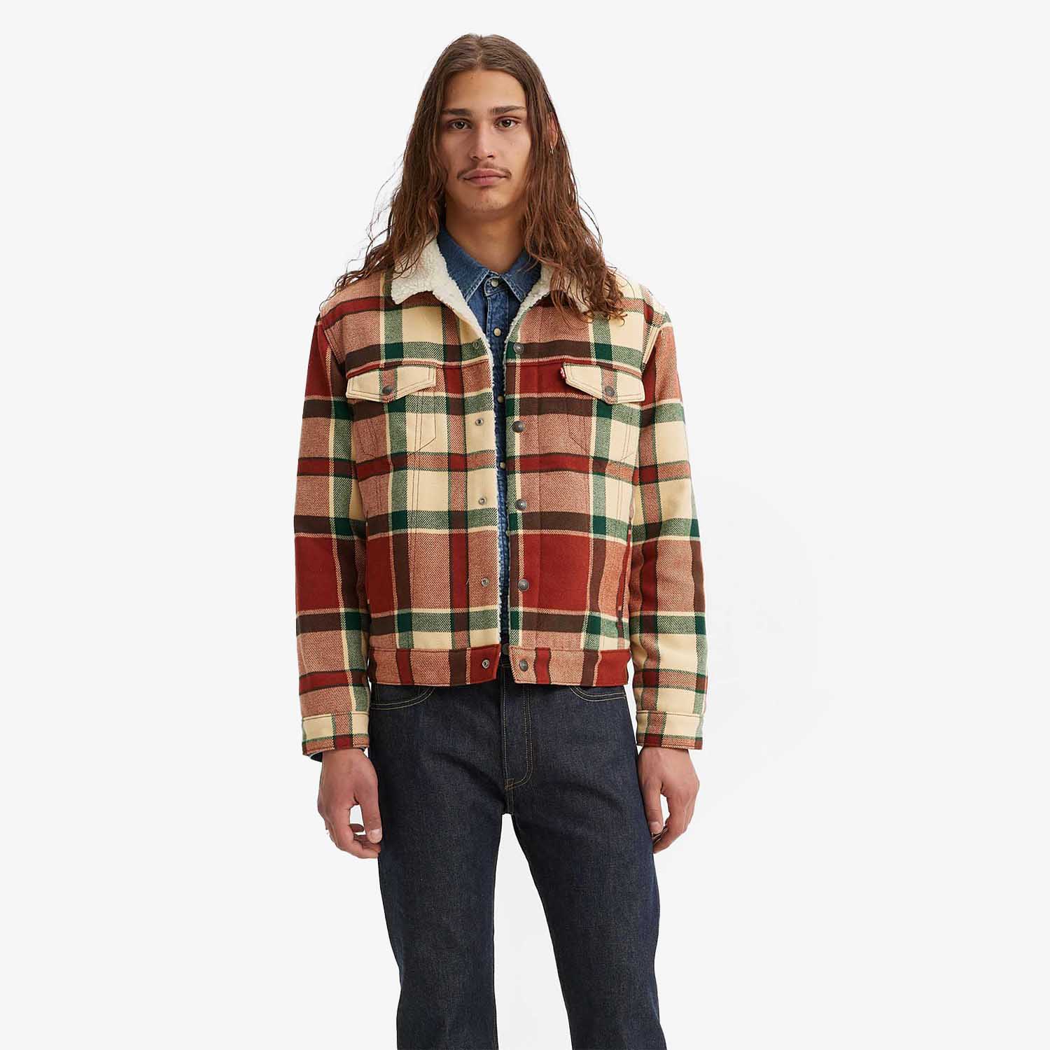 Jaqueta Levi's Plaid Sherpa Trucker Vermelha Xadrez